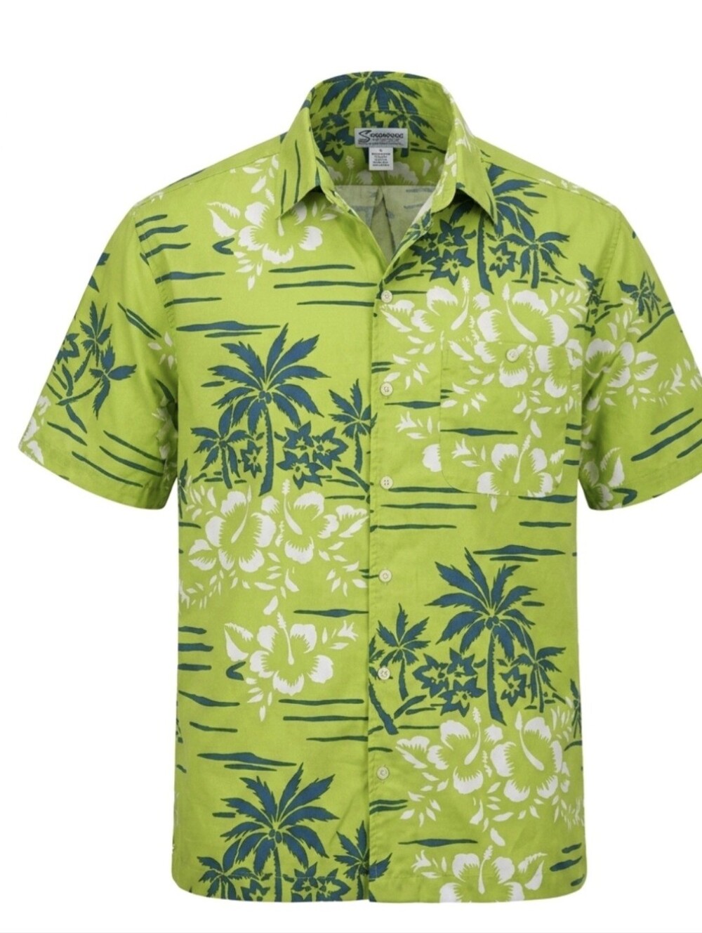 Vintage OP Lime Green Hawaiian Floral Button-Down Shirt Size Large